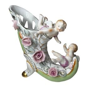Vintage Royal Japan Porcelain Vase Cherubs, Flowers, Horn of Plenty Pastel Color